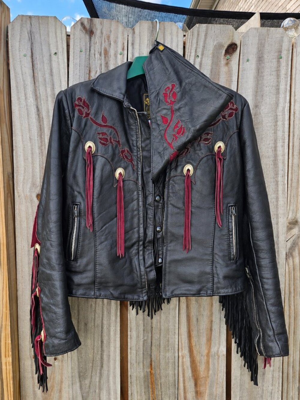 Rare Vintage Gypsy Leather Black Western Fringe Rose Jacket Vest Set Sz 10